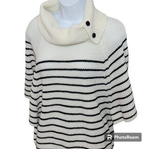 HushHush Sweater, Women L, White w/Black Stripes, Knit, Cowl Neck w/Buttons EUC